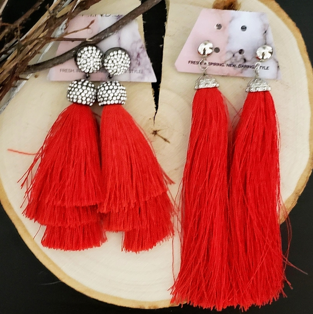 Red Fringe Chandelier Earrings